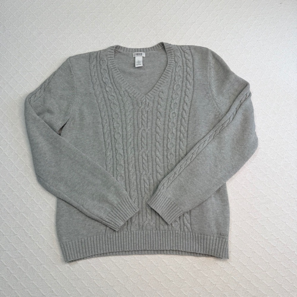 IZOD Golf Classic Ladies XL Gray V-Neck Cable Knit 100% Cotton Sweater